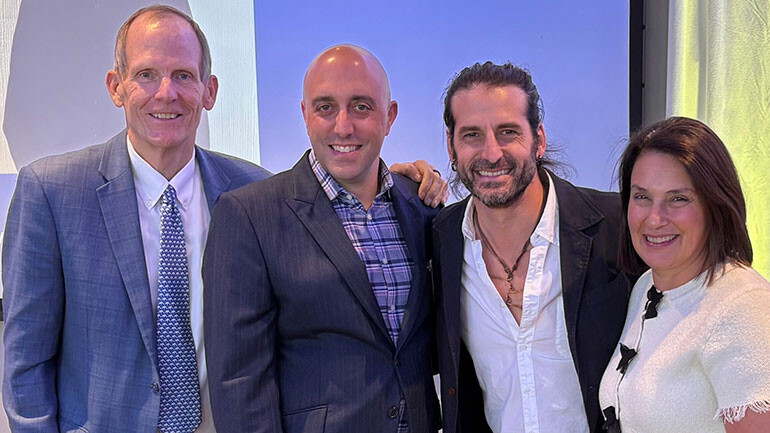 Picture before BMI songwriter Adam Ezra takes the stage at the Massachusetts Lodging Association’s 2025 Stars of Industry Awards (l to r): BMI’s Dan Spears, Kimpton Hotel Marlowe GM & Mass Lodging Association Board Chair Joe Capalbo, BMI songwriter Adam Ezra, Mass Lodging Association CEO Chris Pappas.